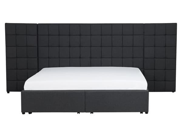 Mørkegrå, polstret seng med ramme og bred sengegavl med skuffer 160 x 200 cm Moderne design