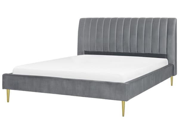 Grå seng med ramme polstret i fløyel med gylne ben 180 x 200 cm høy sengegavl i retrodesign