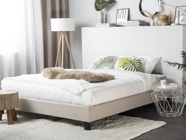 Seng Beige polyesterstoff 160 x 200 cm Dobbeltseng Polstret tilbehør Moderne soverom Sengestativ