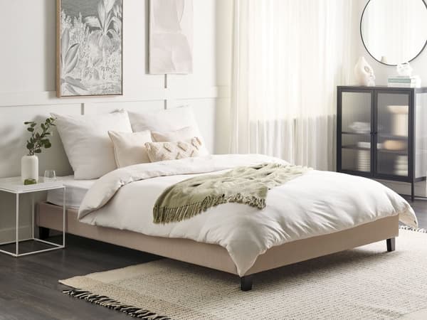 Seng Beige polyesterstoff 160 x 200 cm Dobbeltseng Polstret tilbehør Moderne soverom Sengestativ