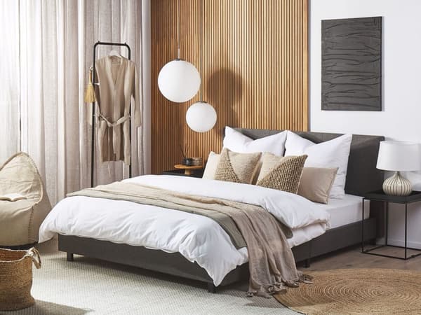 Seng Grå Polyester Stoff 180 x 200 cm Sengegavl Lamelbunn Soverom Minimalistisk Moderne