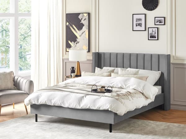 Seng Grå Fløyel 160 x 200 cm Gullfargede ben Høy sengegavl Lamellbunn Retro Glam Sengeramme Dobbeltseng Soverom