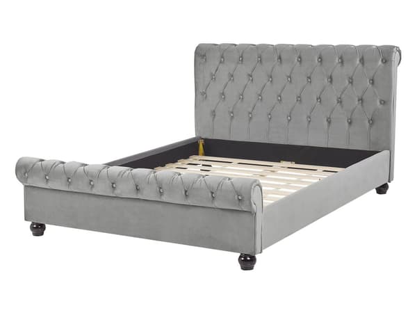 Sengeramme Grå Fløyelstrekk Svarte Treben 140 x 200 cm Knappet Rygg Glamour