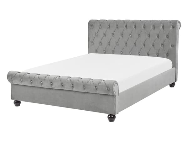 Sengeramme Grå Fløyelstrekk Svarte Treben 140 x 200 cm Knappet Rygg Glamour