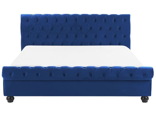 Sengeramme Blå Fløyel Møbeltrekk Svart Treben 180 x 200 cm Knappet Rygg Glamour