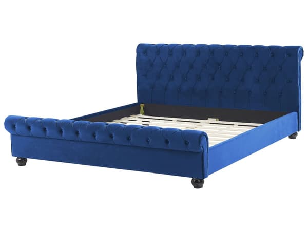 Sengeramme Blå Fløyel Møbeltrekk Svart Treben 180 x 200 cm Knappet Rygg Glamour