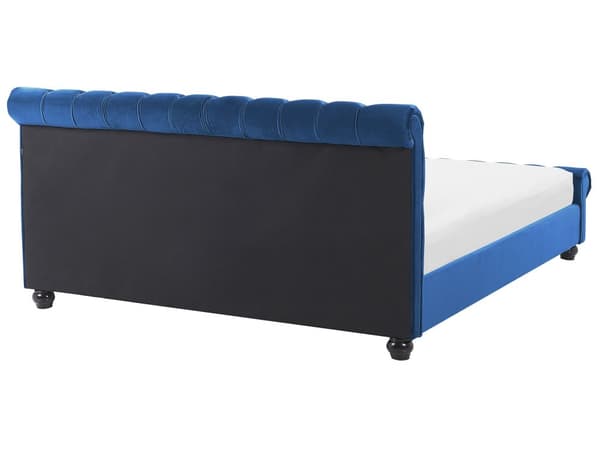 Sengeramme Blå Fløyel Møbeltrekk Svart Treben 180 x 200 cm Knappet Rygg Glamour