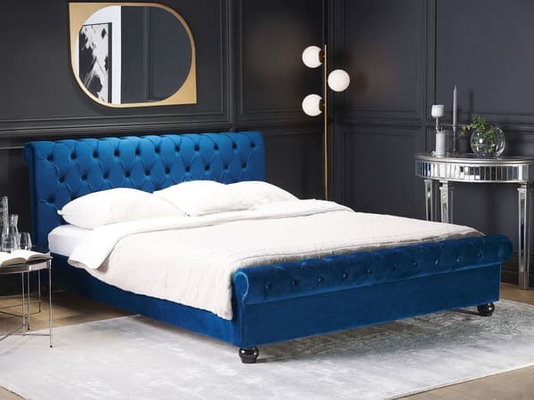 Sengeramme Blå Fløyel Møbeltrekk Svart Treben 180 x 200 cm Knappet Rygg Glamour