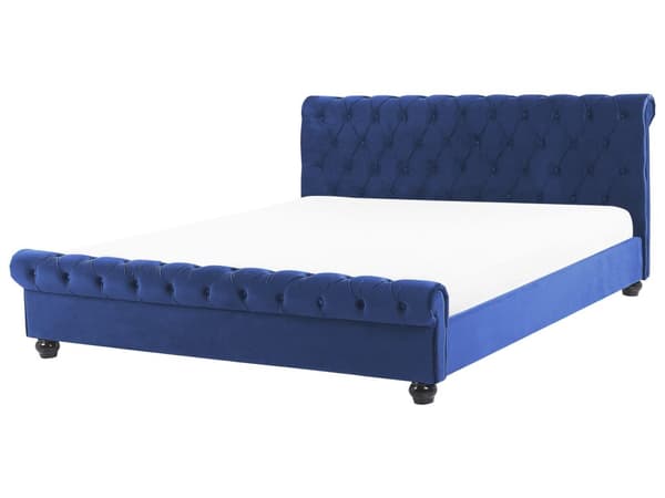 Sengeramme Blå Fløyel Møbeltrekk Svart Treben 180 x 200 cm Knappet Rygg Glamour