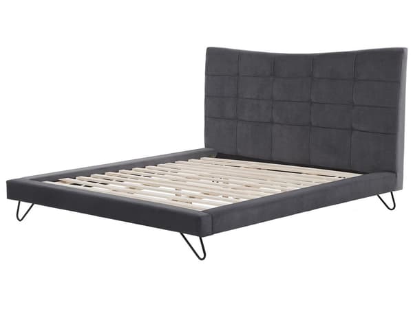 Dobbeltseng Grått Fløyelsstoff Svarte Metallben 180 x 200 cm Polstret Quiltet sengegavl Moderne Slankt Utseende Soverom Sengestol Tilbehør til stoler