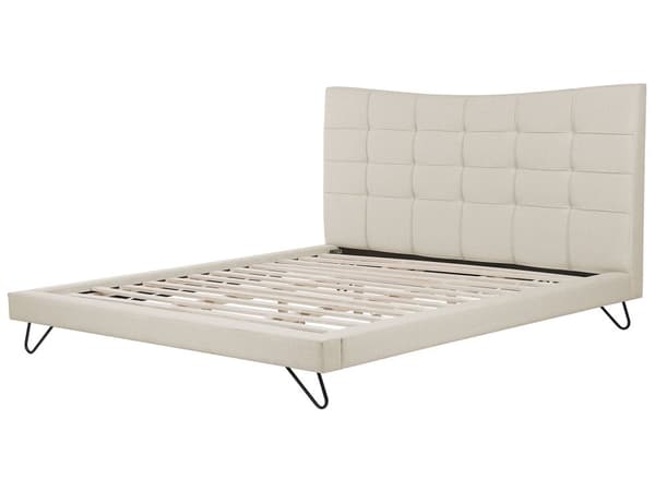 Dobbeltseng Beige Fløyelsstoff Svarte Metallben 180 x 200 cm Polstret Quiltet sengegavl Moderne Slankt Utseende Soverom Sengestol Tilbehør til stoler