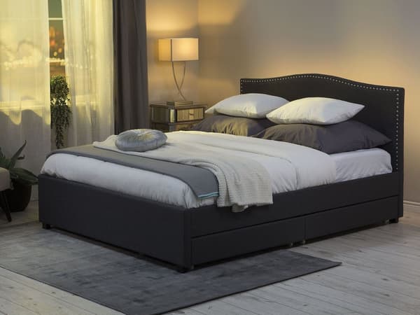 Dobbeltseng Grå Polyester 160 x 200 cm Polstret sengeramme med oppbevaringsskuffer på hjul Sengegavl LED Glamour Knappemønster Soveromsinnredning