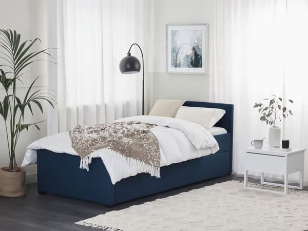 Mørkeblå uttrekksseng for barn med ramme trukket med 90 x 200 cm stoff