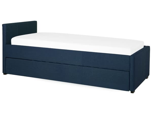Mørkeblå uttrekksseng for barn med ramme trukket med 90 x 200 cm stoff