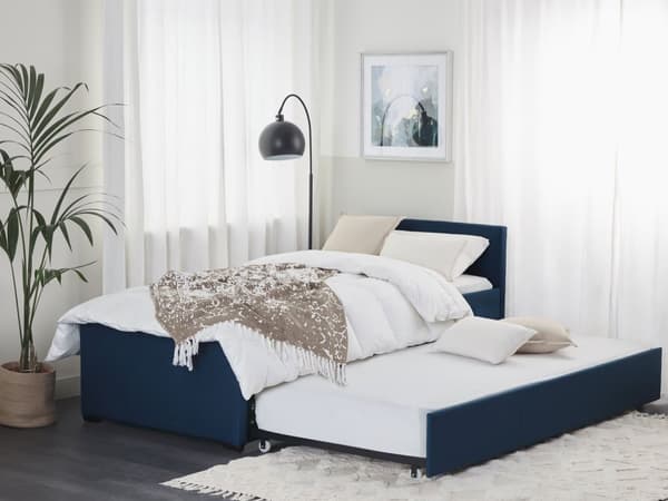 Mørkeblå uttrekksseng for barn med ramme trukket med 90 x 200 cm stoff
