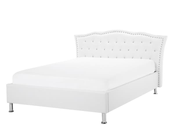 Dobbeltseng med oppbevaring Hvit Imitert skinn 140 x 200 cm Dekorative knapper og spikerhoder Sengegavl Glamorøs stil Sengeramme Soverom
