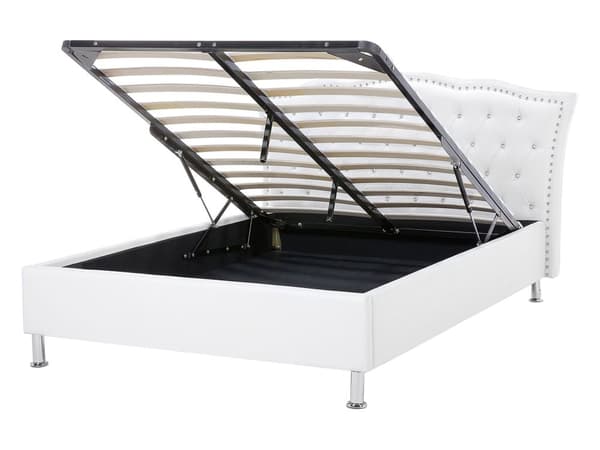 Dobbeltseng med oppbevaring Hvit Imitert skinn 140 x 200 cm Dekorative knapper og spikerhoder Sengegavl Glamorøs stil Sengeramme Soverom