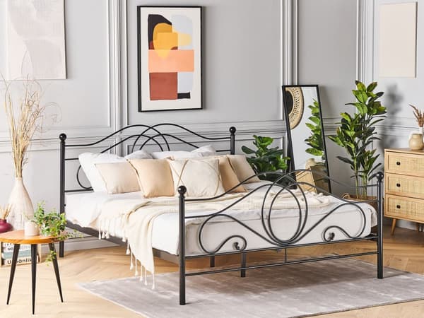 Dobbeltseng Svart Metall 160 x 200 cm Dekorativ metallseng med sengeramme Retro sengegavl Spaltegulv Soveromsinspirasjon Minimalistisk