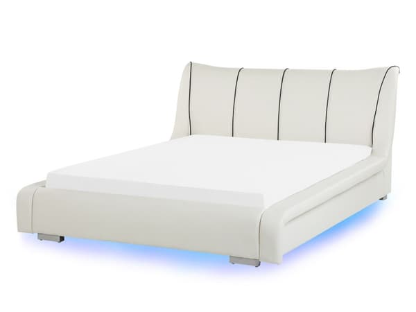 Seng Hvit skinn 140 x 200 cm Trekvart og en halv mann Seng LED Sengestativ Moderne Høy sengegavl Nakkestøtte Soveromsinnredning