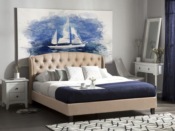 Lamellseng Ramme Beige Polyester Stoff Polstret Tuftet Nakkestøtte 160 x 200 cm Moderne Design