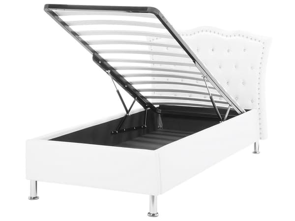 Seng med oppbevaring Hvit Imitert skinn 90 x 200 cm Dekorative knapper og spikerhoder Sengegavl Glamorøs stil Enkeltseng Sengeramme Soverom