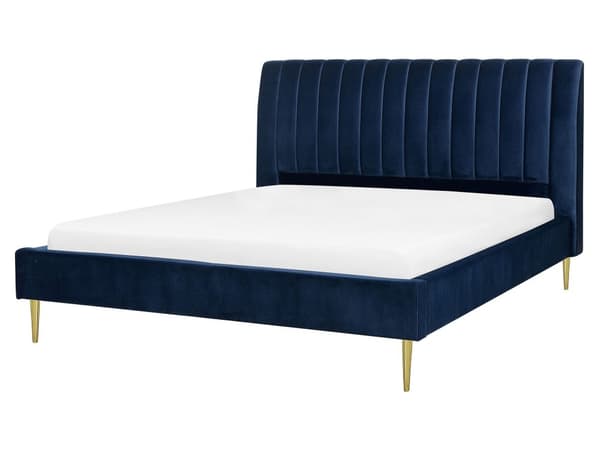 Marineblå seng med ramme polstret i fløyel med gylne ben 160 x 200 cm høy sengegavl i retrodesign