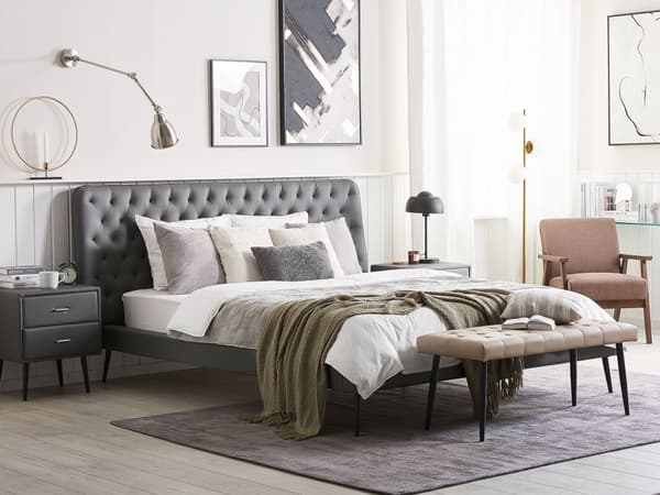 Seng Grå Imitert Skinn 180 x 200 cm Dekorativ Sengegavl Moderne Soverom
