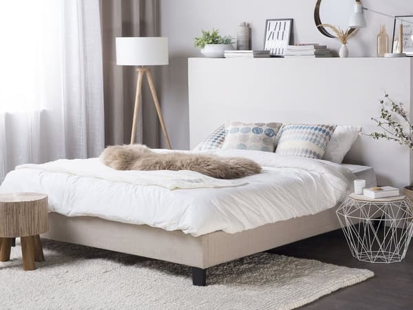 Seng Beige polyesterstoff 140 x 200 cm Trekvart seng Tilbehør til trekvart seng Moderne sengeramme til soverommet