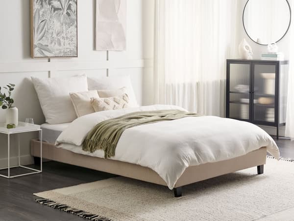 Seng Beige polyesterstoff 140 x 200 cm Trekvart seng Tilbehør til trekvart seng Moderne sengeramme til soverommet