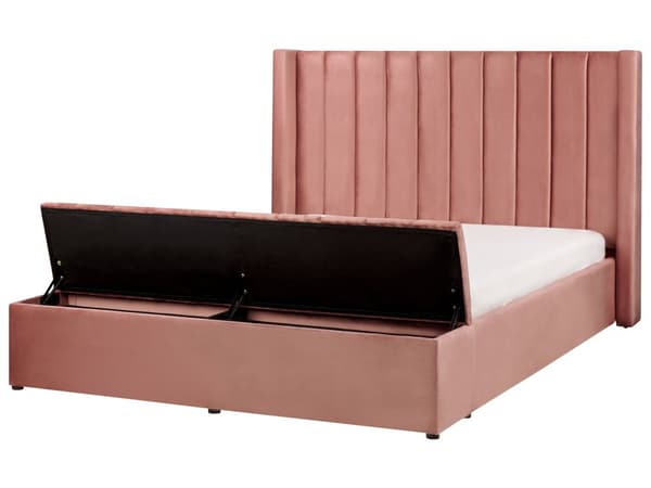 Panelseng i Rosa Fløyel 160 x 200 cm Spaltegulv med Høy Nakkestøtte og Oppbevaringsbenk