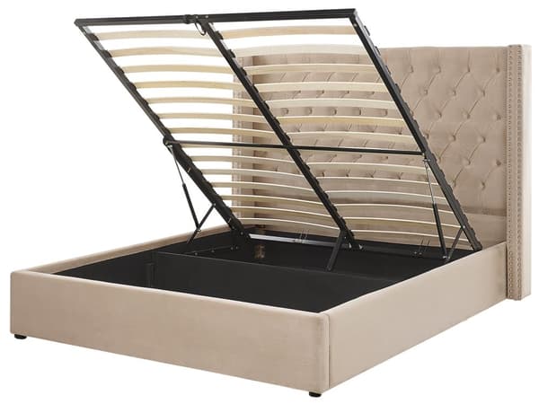 Dobbeltseng med oppbevaring Beige Fløyel 160 x 200 cm Dekorativ sengegavl Sengeramme med lameller Glamorøs stil Soverom