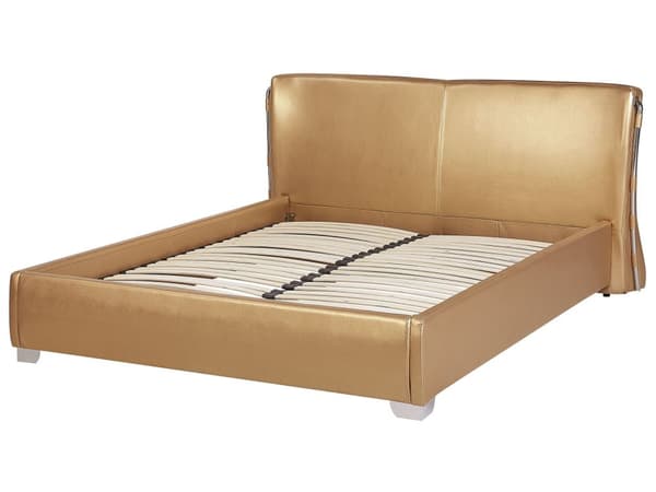Dobbeltseng Gold Leather 160 x 200 cm tykk polstret to-mannsseng Lav sengeramme med høy sengegavl Moderne Glamour Design Soveromstilbehør