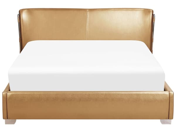 Dobbeltseng Gold Leather 160 x 200 cm tykk polstret to-mannsseng Lav sengeramme med høy sengegavl Moderne Glamour Design Soveromstilbehør