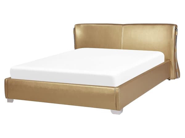 Dobbeltseng Gold Leather 160 x 200 cm tykk polstret to-mannsseng Lav sengeramme med høy sengegavl Moderne Glamour Design Soveromstilbehør