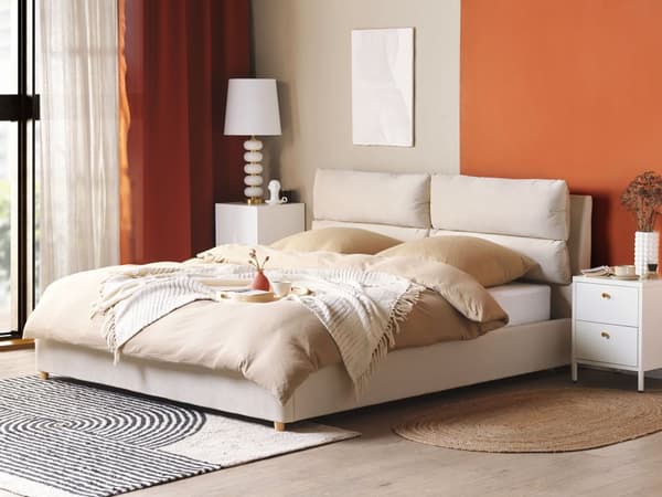 Seng Beige Fløyel 180 x 200 cm Dobbeltseng med oppbevaring Sengegavl Soverom Moderne Retro