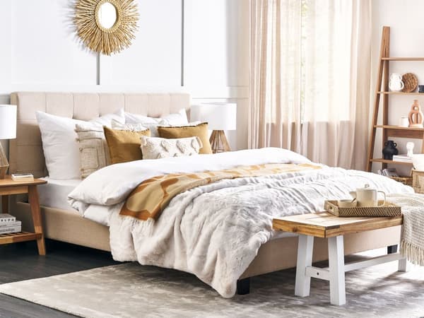 Seng Stoff Beige 180 x 200 cm Polstret ramme Sengegavl med knapper Elegant Moderne Soverom
