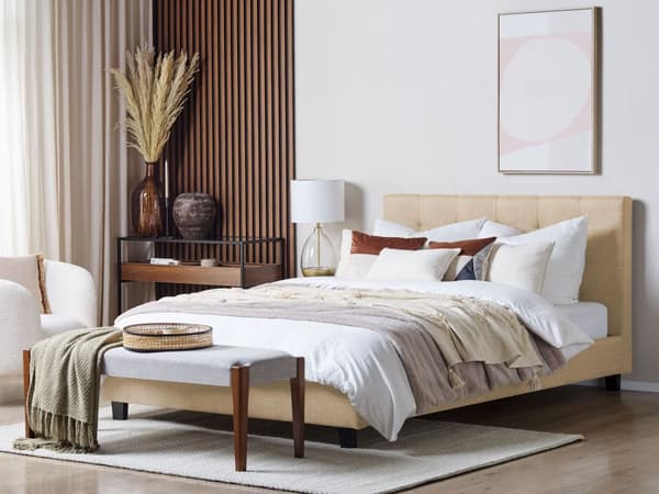 Seng Stoff Beige 180 x 200 cm Polstret ramme Sengegavl med knapper Elegant Moderne Soverom