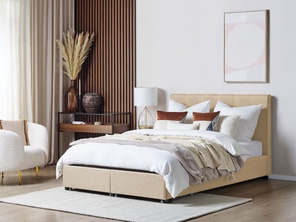 Seng Stoff Beige 140 x 200 cm Polstret ramme Sengegavl med knapper Skuffer for oppbevaring Elegant Moderne Soverom