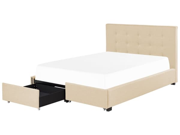 Seng Stoff Beige 140 x 200 cm Polstret ramme Sengegavl med knapper Skuffer for oppbevaring Elegant Moderne Soverom
