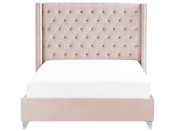 Dobbeltseng Lyserosa Rosa Fløyel 160 x 200 cm Polstret Tuftet Nakkestøtte Glamorøst Design
