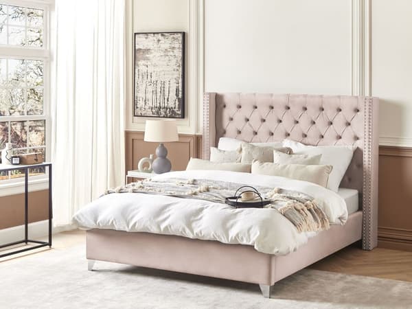 Dobbeltseng Lyserosa Rosa Fløyel 160 x 200 cm Polstret Tuftet Nakkestøtte Glamorøst Design