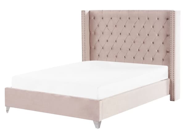 Dobbeltseng Lyserosa Rosa Fløyel 160 x 200 cm Polstret Tuftet Nakkestøtte Glamorøst Design