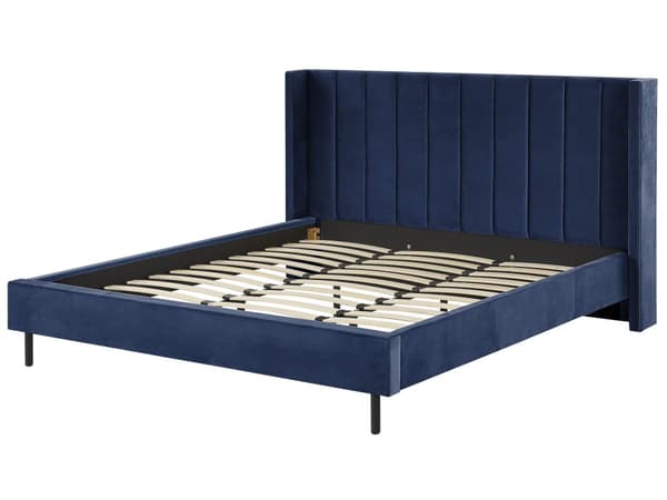 Seng Marineblå Fløyel 180 x 200 cm Polstret Sengegavl Gullben Lamellbunn Retro Elegant Soverom