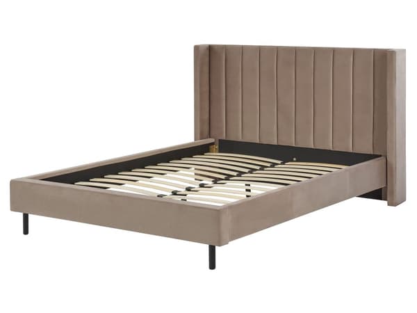 Seng Taupe Fløyel 160 x 200 cm Polstret Sengegavl Gullben Lamellbunn Retro Elegant Soverom
