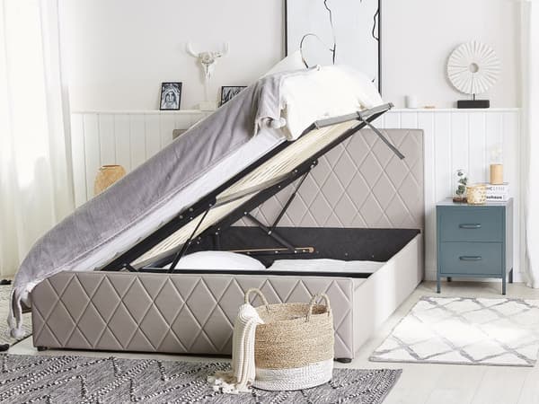 Taupe kunstlærseng 160 x 200 cm Moderne, myk dobbeltseng med oppbevaring Diamantrombe-mønster Quiltet sengeramme Soveromsinspirasjon