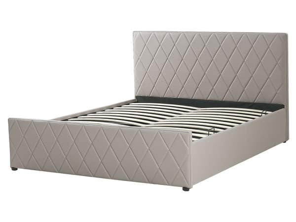 Taupe kunstlærseng 160 x 200 cm Moderne, myk dobbeltseng med oppbevaring Diamantrombe-mønster Quiltet sengeramme Soveromsinspirasjon