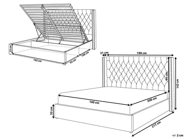Seng Sort Polstret Velour 160 x 200 cm Dobbeltseng med Opbevaring Lamelbund Tuftet Sengegavl Tilbehør Soveværelse