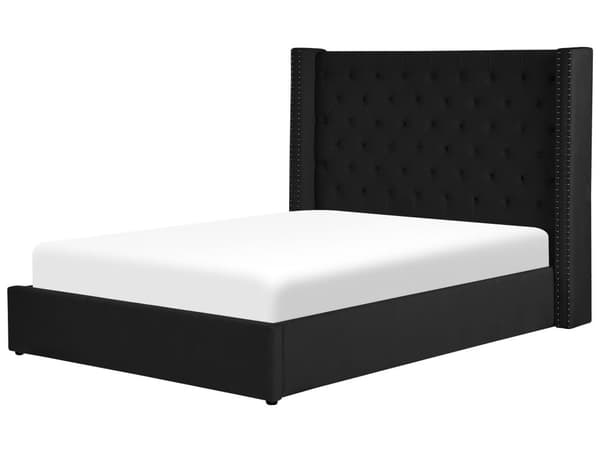 Seng Sort Polstret Velour 160 x 200 cm Dobbeltseng med Opbevaring Lamelbund Tuftet Sengegavl Tilbehør Soveværelse