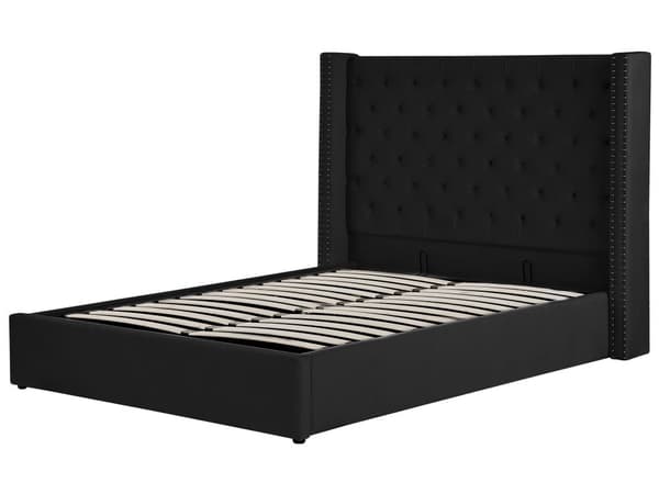 Seng Sort Polstret Velour 160 x 200 cm Dobbeltseng med Opbevaring Lamelbund Tuftet Sengegavl Tilbehør Soveværelse