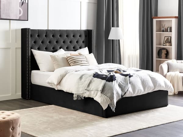 Seng Sort Polstret Velour 160 x 200 cm Dobbeltseng med Opbevaring Lamelbund Tuftet Sengegavl Tilbehør Soveværelse